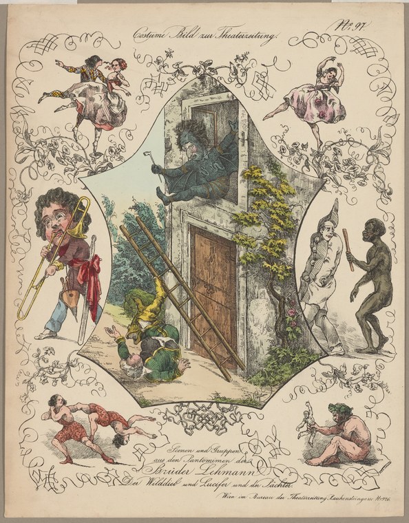 Hand-colored engraving of theatrical pantomime scenes by the Lehmann brothers, with eight acrobatic figures in period costume surrounding a central