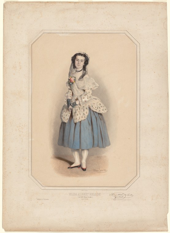 Hand-colored lithograph of a young woman in romantic ballet costume: cream lace shawl, blue gathered skirt, dark ringlets, and lace headdress, standing in a