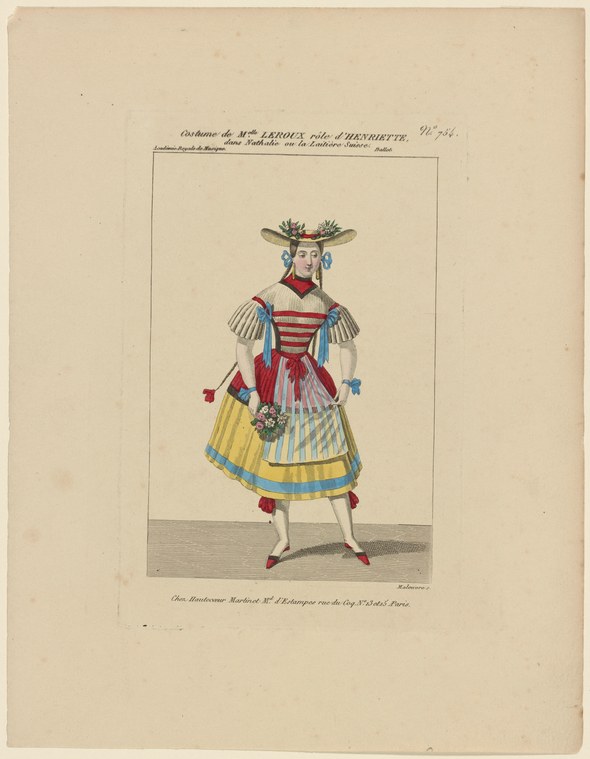 Eighteenth-century engraving of a female ballet dancer in red bodice, yellow striped skirt, and feathered headdress, standing upright in formal pose.