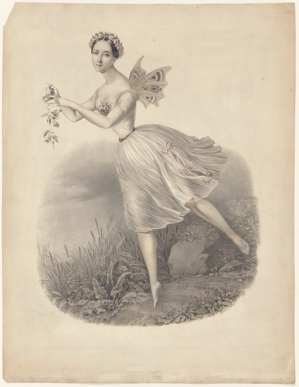 Engraved portrait of a young ballerina in a flowing dress with butterfly wings, leaping gracefully in an arabesque through a garden landscape.