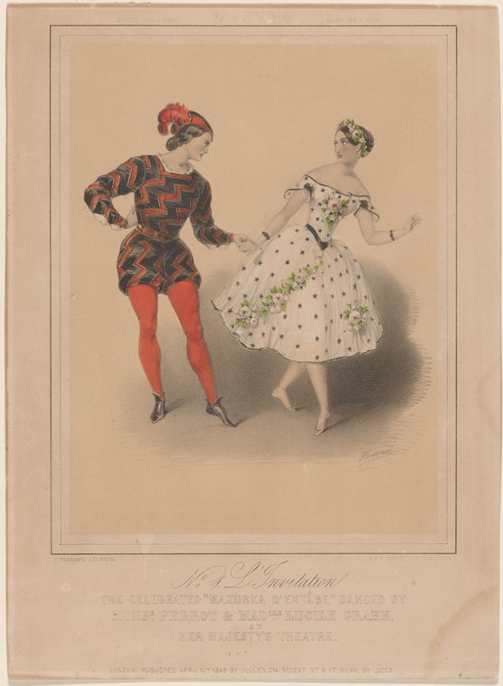 Male dancer in red geometric tunic and red tights faces female dancer in white tulle skirt with floral crown, arms extended in invitation.