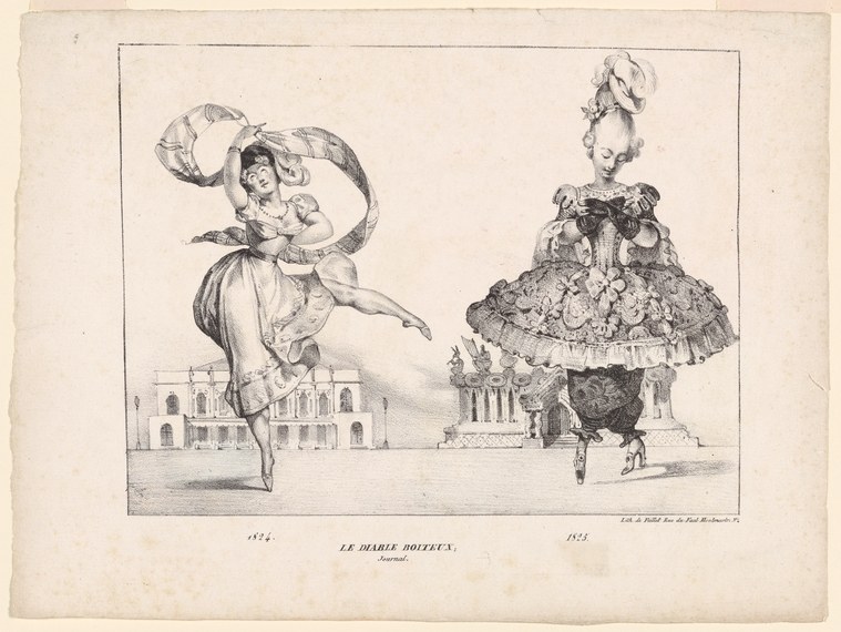 Two theatrical figures in elaborate costumes: left figure hobbling with arms raised; right figure upright in gathered-fabric dress with feathered headdress.