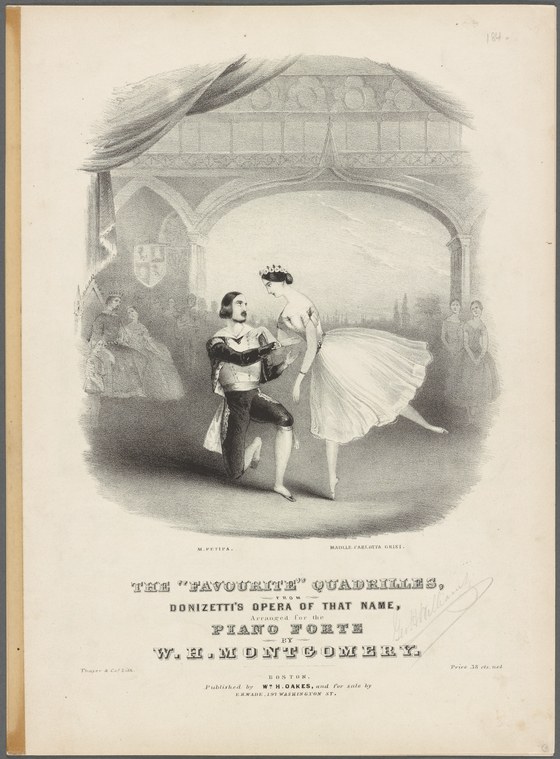 Lithographic print of a female ballet dancer in a white tulle skirt executing a turn, with a male dancer attending from the left, on a theatrical stage.