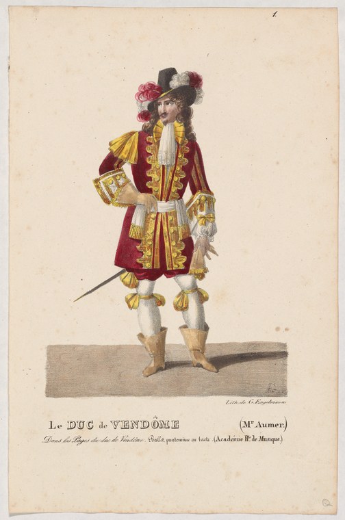 Male dancer in crimson coat with gold trim, tricorn hat, and sword, standing in formal aristocratic pose against pale background.