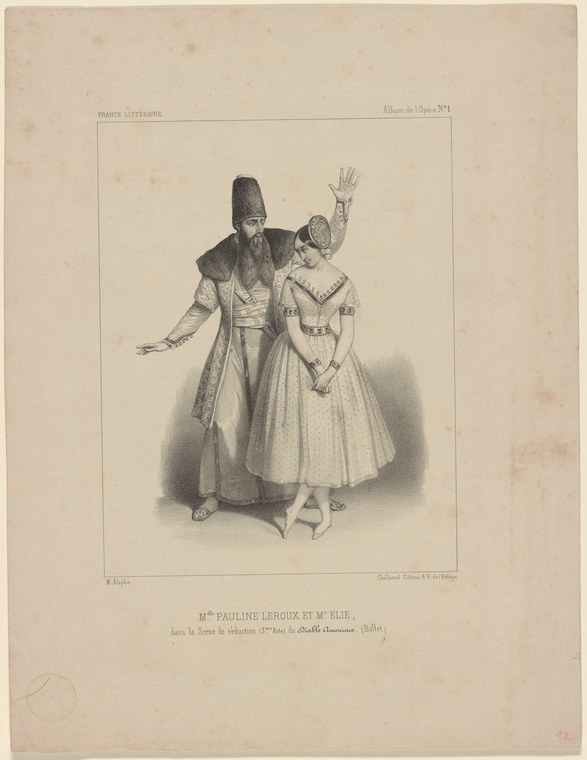 A formally dressed man gestures toward a woman in pale theatre dress; a moment of dramatic seduction from a 19th-century stage.