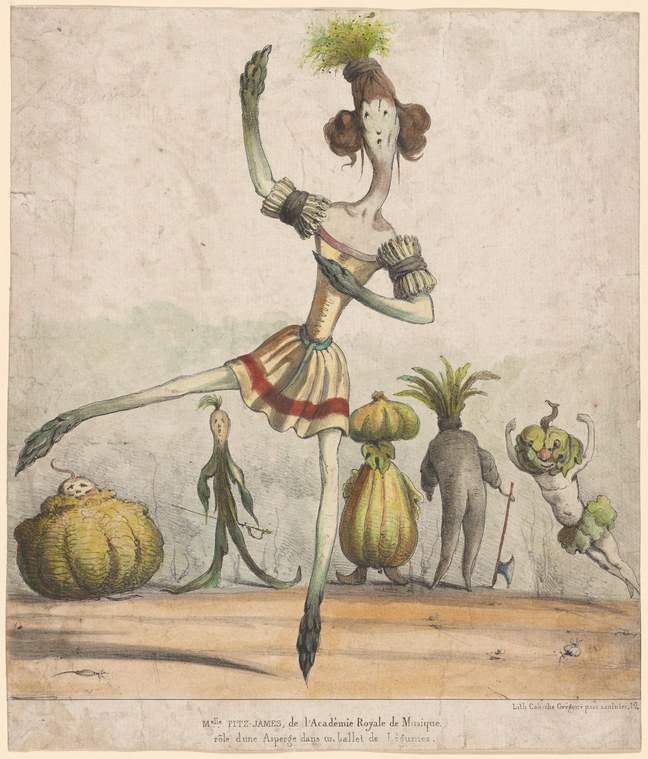 An 18th-century hand-colored engraving of a female dancer in an asparagus costume, posed in an arabesque, with five vegetable-costumed figures beneath her.