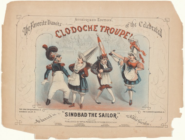 Four dancers in folk-inspired costumes leap and gesture exuberantly in a colored lithograph sheet music cover.