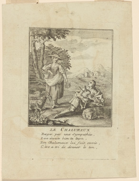 Engraving: classical woman gestures downward toward reclining youth playing a reed pipe in a pastoral landscape.