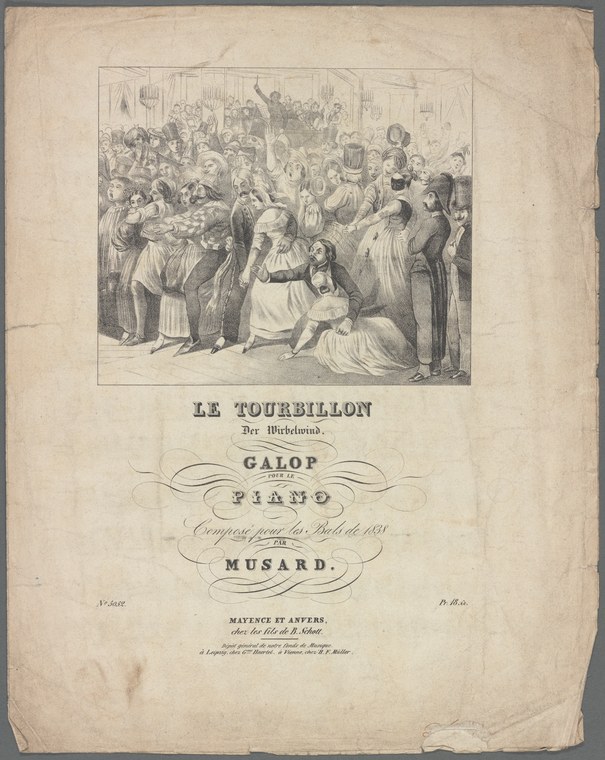 Crowded ballroom scene: couples in closed frame dance the galop, women in full skirts, men in tailcoats, swirling in circular motion.