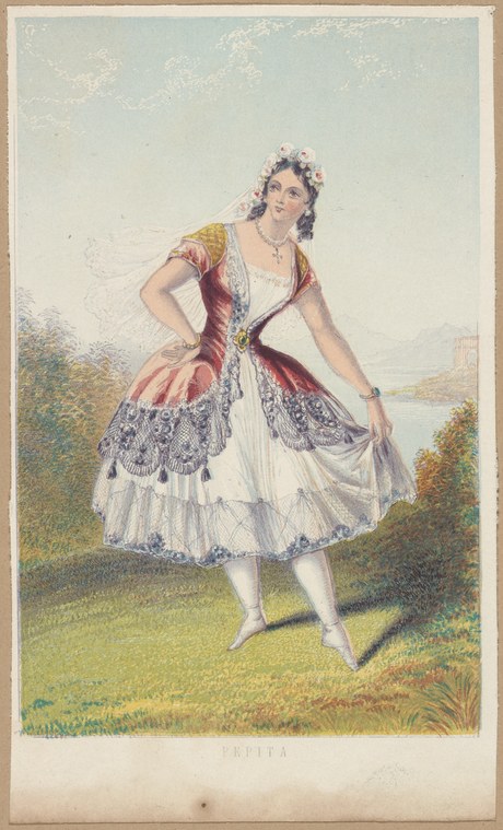 A young woman in ornate theatrical costume with patterned silk skirt stands posed in a sunlit meadow, one arm extended.