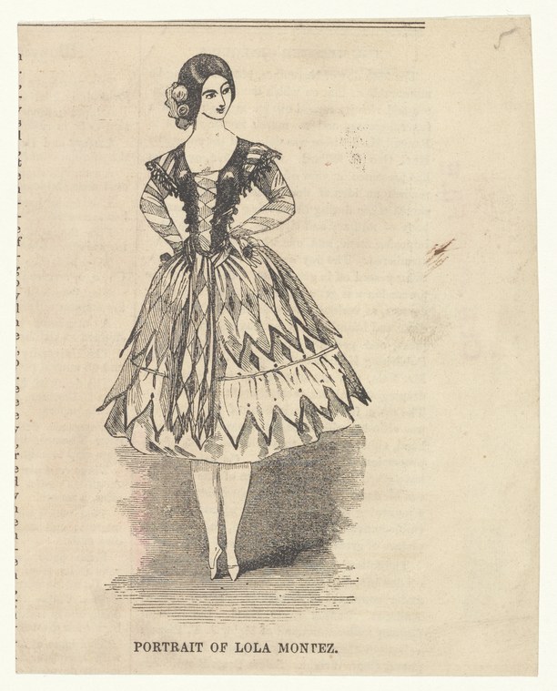 Engraved portrait of Spanish dancer Lola Montez wearing an elaborate lace bodice and scalloped-panel skirt, posed facing left.