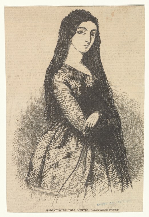 Engraving of a dark-haired woman in mid-19th-century dress standing in profile, facing left, in formal portrait pose.