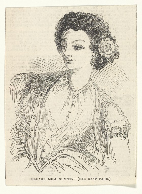 Line engraving of a woman in elaborate mid-19th-century theatrical costume with pleated blouse, ornamental jacket, and decorated hair.