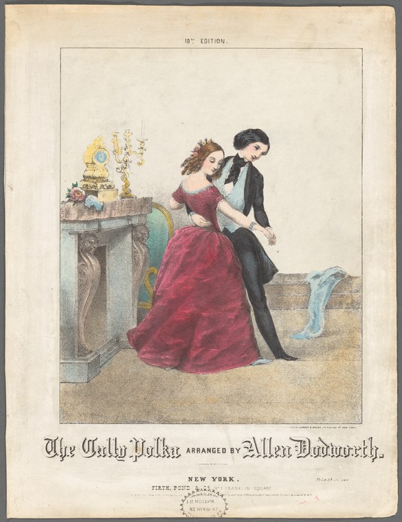A young couple in formal ballroom dress dance the polka in an ornate interior; the woman holds a blue handkerchief.