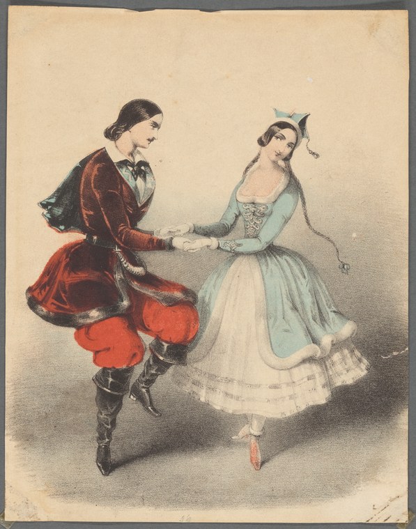A man in a red velvet jacket pirouettes with a woman in a pale blue dress with white underskirt in a polka, their hands clasped.