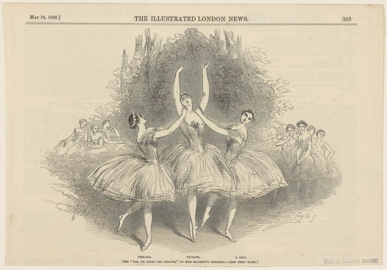 Three female ballet dancers in classical tutus on pointe, center figure with arms raised overhead, flanked by two companions, in a theatrical setting, 1856