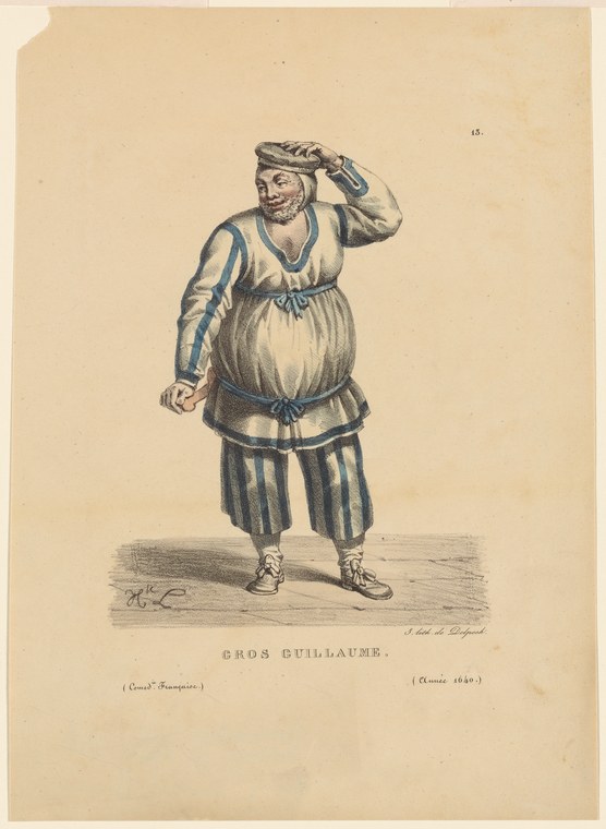 A stout man in a billowing gathered costume raises one hand to his head in a surprised pose, rendered in a 19th-century engraving.