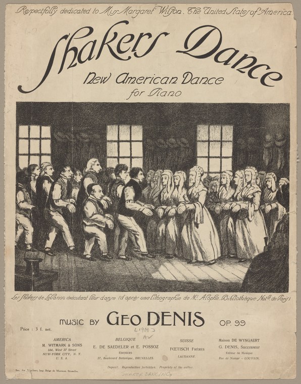 Wood engraving of a Shaker religious gathering with men in dark coats on the left and women in white dresses and bonnets on the right, standing in orderly rows