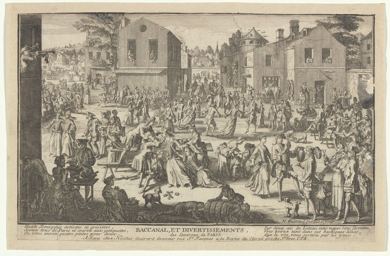 Engraving of a crowded village square where couples dance, drink, and feast; musicians play while buildings frame the scene.