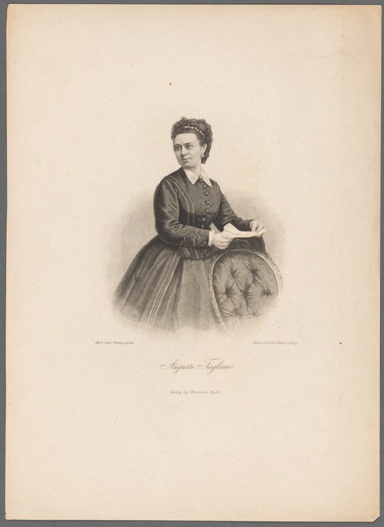 Half-length portrait of a woman in mid-nineteenth-century dress, seated with an open document, rendered as a tonal engraving.