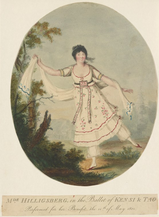 Young woman in white Regency muslin dress holds aloft a flowing veil, standing lightly on one leg in an attitude pose in a pastoral setting