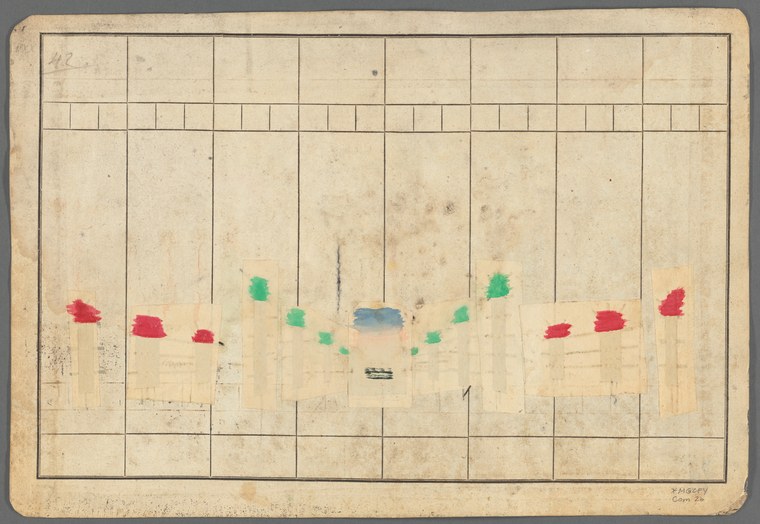 Ink and watercolor ground plan showing a vaulted stage interior crossed by a horizontal line of small red and green figures representing costumed actors.