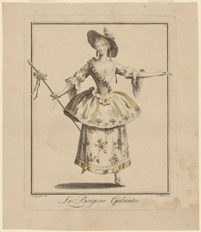 An eighteenth-century engraving of a woman in an elaborate rococo costume holding a shepherd's crook, posed gracefully in a theatrical attitude.