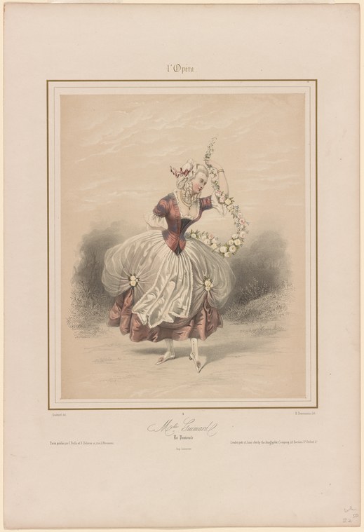 Late 18th-century engraving of a female ballet dancer in white skirt and burgundy bodice, holding a floral garland aloft in both hands.