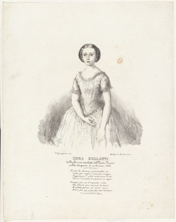 Engraved portrait of a young woman in a light tulle skirt and short-sleeved bodice, standing composed against a plain background.