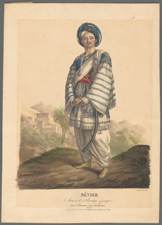 Hand-colored engraving of an actor in striped blue and white robes, turban, and holding a curved sword, posed against a fortified landscape.