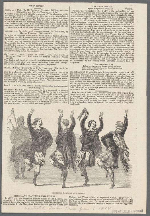 Five dancers in Highland dress leap and jump with arms raised high and wide, captured mid-movement in a wood engraving from a Victorian periodical.