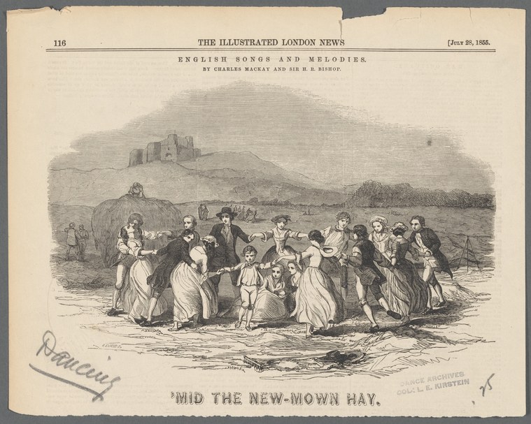 A wood engraving of a Victorian seaside gathering where men and women in period dress stand and gesture in the shallow water, a castle visible on a distant