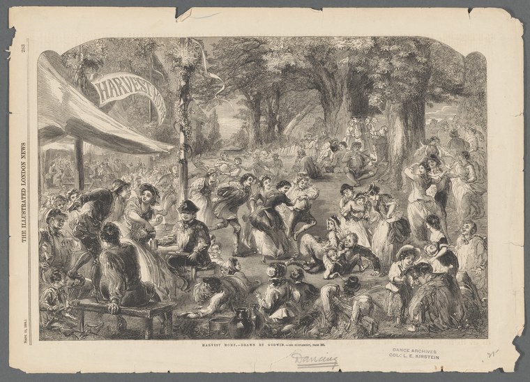 A dense wood engraving of dozens of people in 19th-century dress dancing and mingling under tall trees at an outdoor gathering.