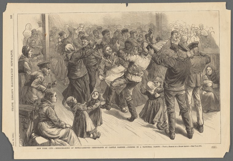 Crowded engraving of immigrants in 1880s dress dancing and watching at Castle Garden immigration station.