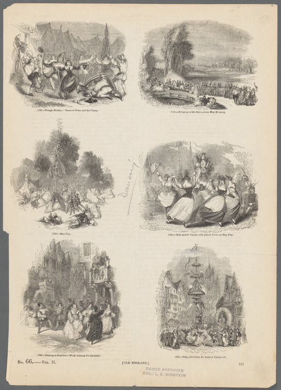 Six engraved scenes of English and Scottish folk dancers in outdoor fields, cottages, halls, and streets, mid-nineteenth century.