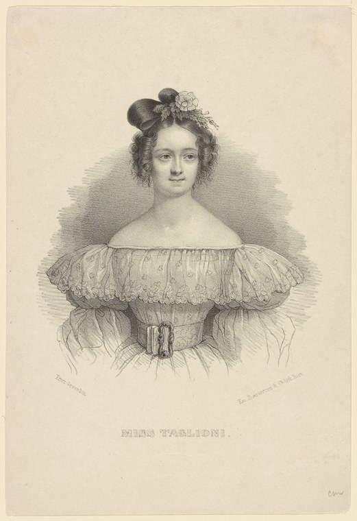 Steel engraving of a young woman in early 19th-century evening dress with elaborate upswept hair, standing still in formal portrait pose.