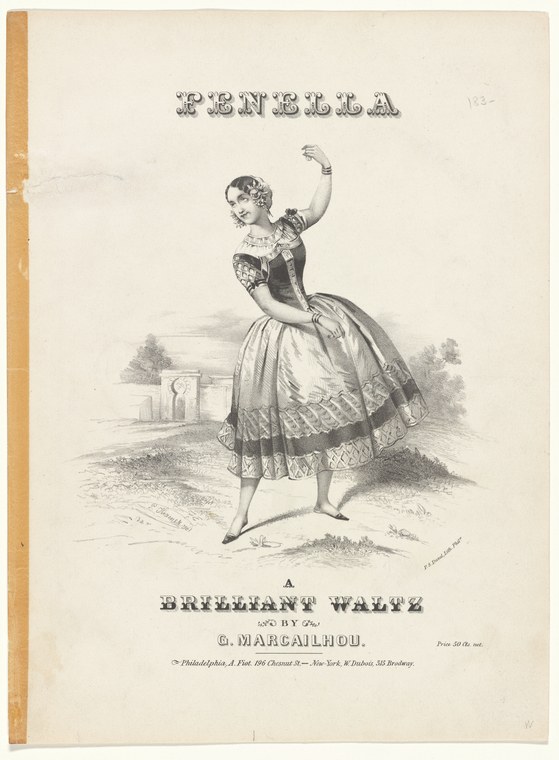 A young woman in a short tutu and corseted bodice, posed en relevé with arms gracefully raised, in a 19th-century engraving.