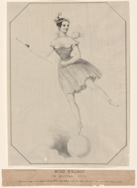 A young woman in a corseted bodice and gathered tulle skirt floats in mid-leap, one leg extended, holding a wand aloft with a wreath in her hair.