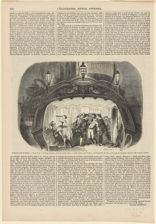 Engraving of an ornate theater stage showing elaborately costumed figures in 18th-century dress in an interior scene.