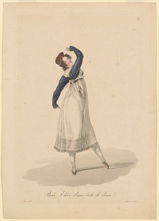A young woman in Regency dress and dark jacket stands with one leg extended, arm raised to her head, in a pose of classical ballet training.