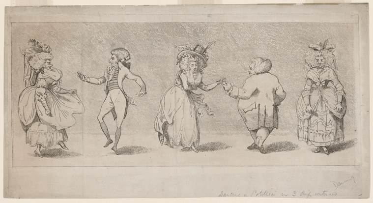 Five figures in 19th-century dress posed separately, demonstrating cotillion postures and arm positions for dance instruction.