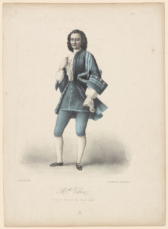 An 18th-century engraving of a male dancer in blue coat and breeches, standing in formal pose with one arm extended.
