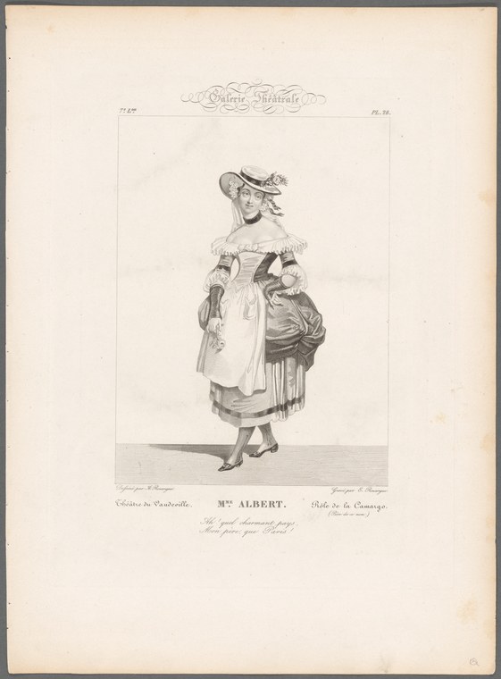 Engraving of a woman in early 19th-century stage costume: white chemise, striped bodice, white apron, and bonnet.