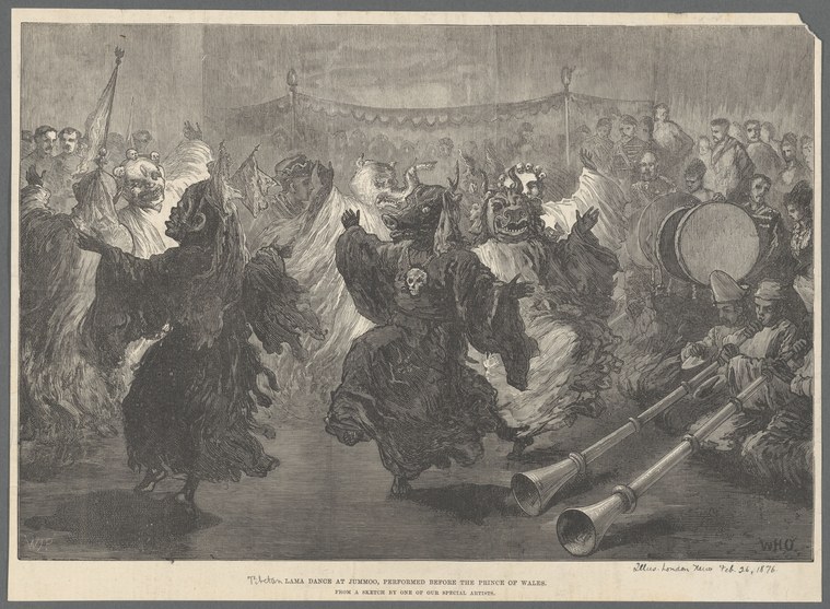 Wood engraving of a masquerade ball with costumed dancers, musicians with brass instruments, and spectators under a canopy.