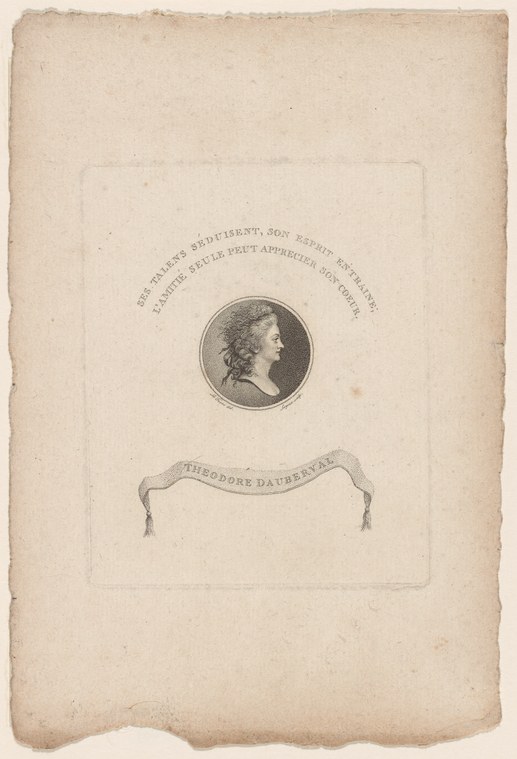 Engraved portrait bust of Theodore Dauberval in profile, late 18th century, with his name inscribed below in an ornamental cartouche.