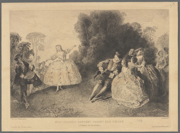 A young woman in a white ball gown dances alone before an audience of aristocratic onlookers in a garden room, her arms raised in a graceful gesture.