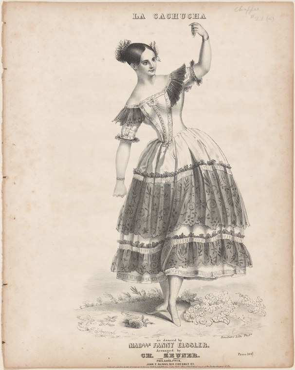 Engraving of a female ballet dancer in a white off-shoulder blouse and full patterned skirt, standing in a posed arabesque-like position with one arm raised.