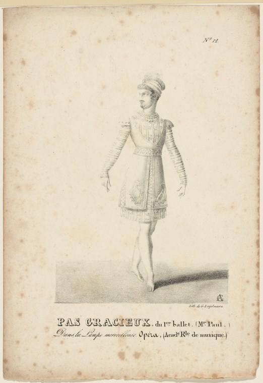 A male ballet dancer in a high-waisted Empire-line dress and headdress, standing in profile with extended arm, in a delicate line engraving.