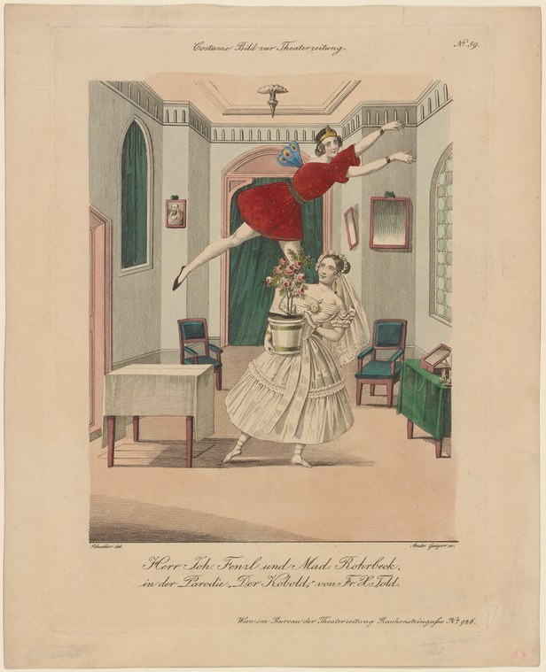 Hand-colored engraving of a woman in white muslin holding a potted plant, looking up in alarm at a man in a red coat suspended in mid-air above her, limbs