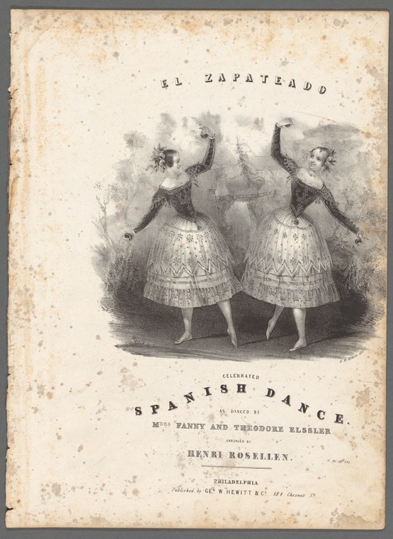 Two women in identical pose wearing dark bodices and white patterned skirts, arms raised in Spanish dance gesture, from a sheet music cover.
